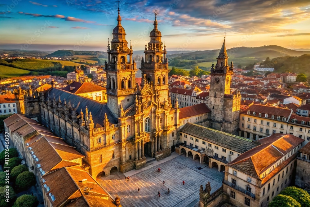 Fototapeta premium Santiago de Compostela Aerial View: Botafumeiro Cathedral Galicia Spain Drone Photography