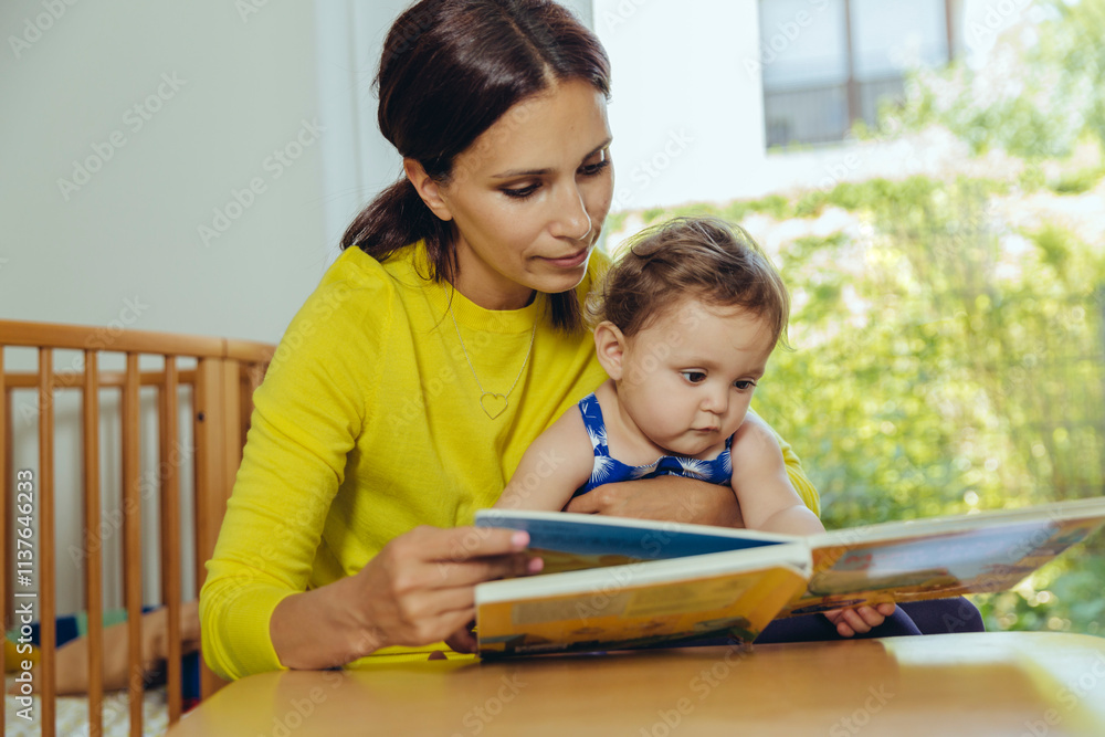 Mother and baby daughter looking at children?s book Mother and baby daughter looking at children?s book