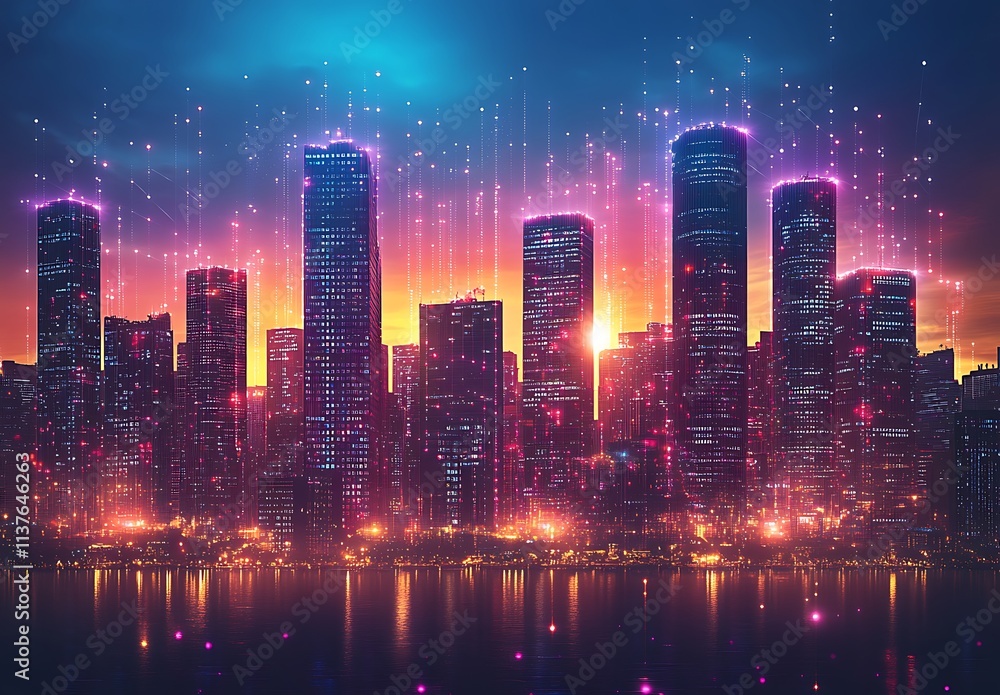 Fototapeta premium Illuminated Cityscape at Sunset with Digital Connections
