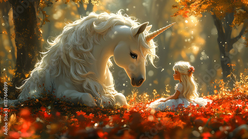 A detailed cartoon-style drawing of a unicorn and a young girl sharing a magical moment in a fairy-tale forest, with soft, pastel colors and a dreamlike, whimsical setting.