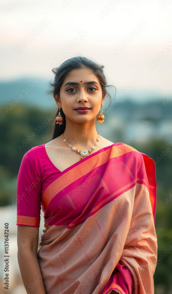 Lovely Hindu woman in a traditional saree, adorned with exquisite jewelry, reflecting cultural pride, beauty, and timeless fashion with a charming and warm pose. Lovely Hindu woman in a traditional saree, adorned with exquisite jewelry, reflecting cultural pride, beauty, and timeless fashion with a charming and warm pose.