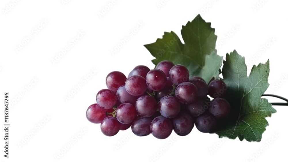 Fototapeta premium Fresh and Delicious Bunch of Red Grapes Surrounded by Lush Green Leaves Perfect for Healthy Recipes and Juicing Activities.