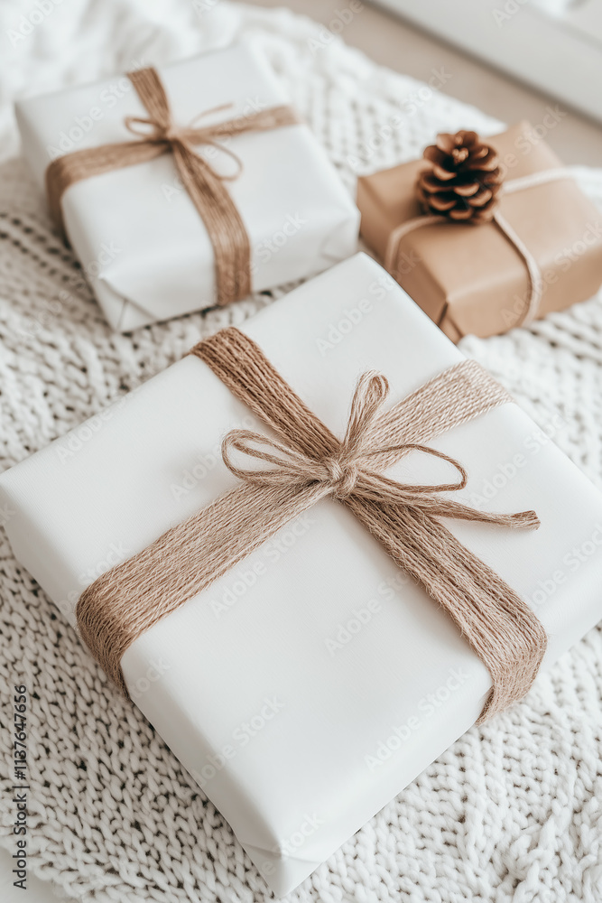 A beautifully wrapped gift, tied with twine, resting on a soft, knitted blanket, A beautifully wrapped gift, tied with twine, resting on a soft, knitted blanket,