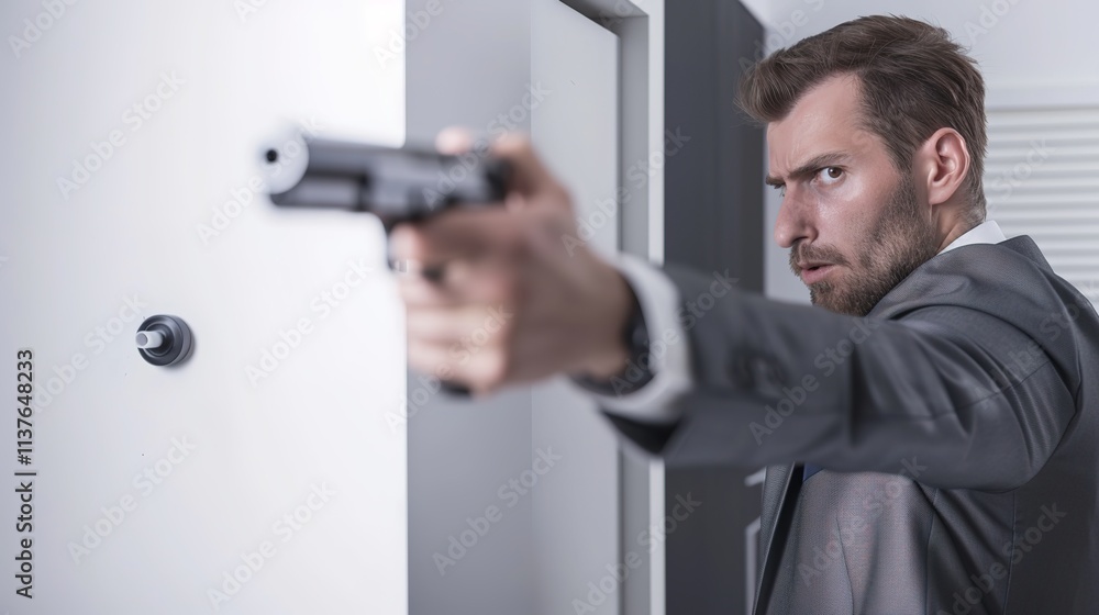 CEO in sleek business suit confidently aiming toy pistol at target on wall, symbolizing strategic leadership and decision-making in corporate environment. CEO in sleek business suit confidently aiming toy pistol at target on wall, symbolizing strategic leadership and decision-making in corporate environment.