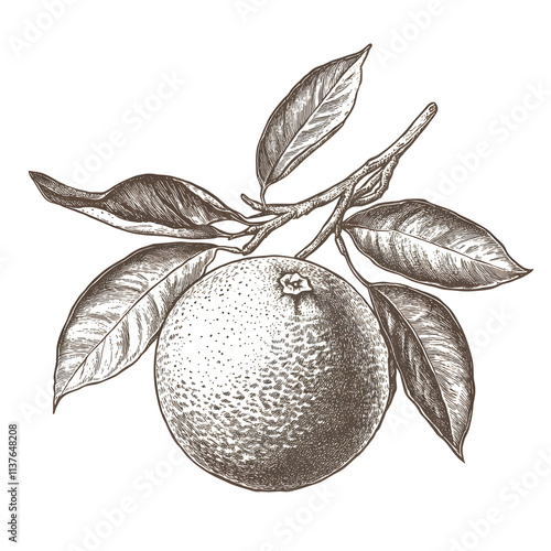 Realistic vintage illustration of an orange with leaves on a white background, showcasing detailed textures