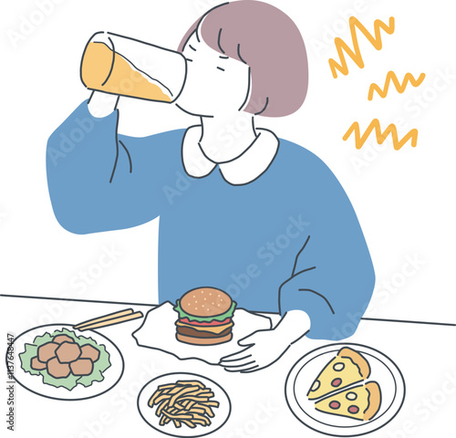 ストレスで暴飲暴食する女性のイラスト素材