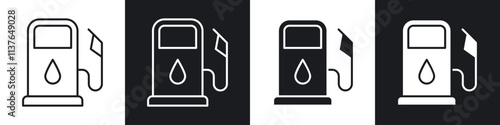 Gas station icons collection in black filled and line style.