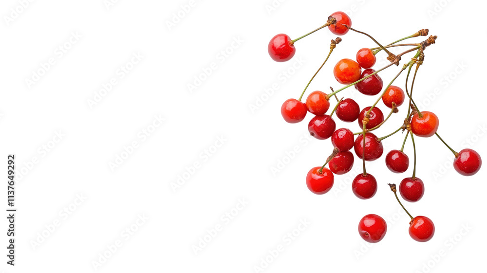 A Delightful Bunch of Small Bright Red Cherries Perfect for Enhancing Culinary Presentations and Homemade Desserts. A Delightful Bunch of Small Bright Red Cherries Perfect for Enhancing Culinary Presentations and Homemade Desserts.