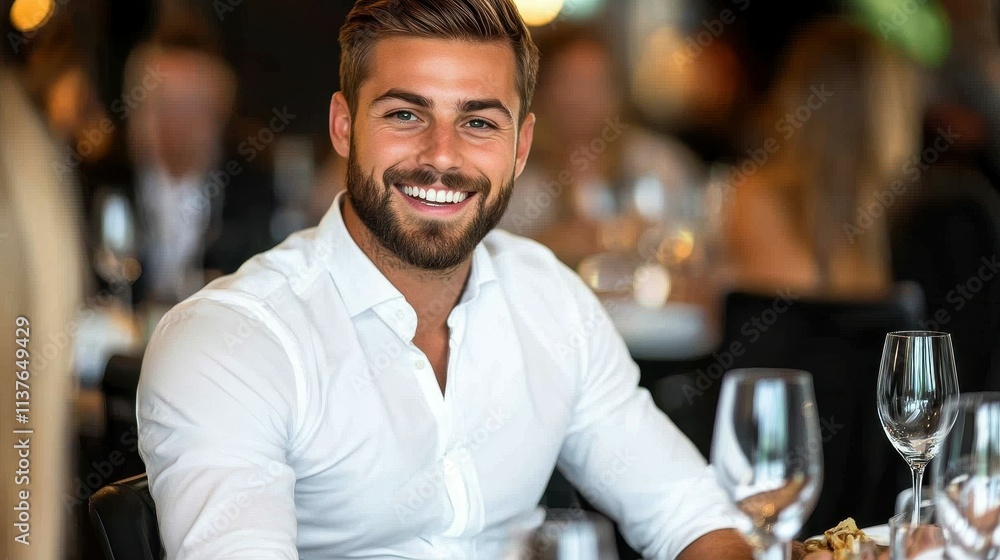 A smiling man in a white shirt sits at a dining table, surrounded by glassware and an upscale ambiance. People can be seen in the background, enjoying their meals and conversations A smiling man in a white shirt sits at a dining table, surrounded by glassware and an upscale ambiance. People can be seen in the background, enjoying their meals and conversations