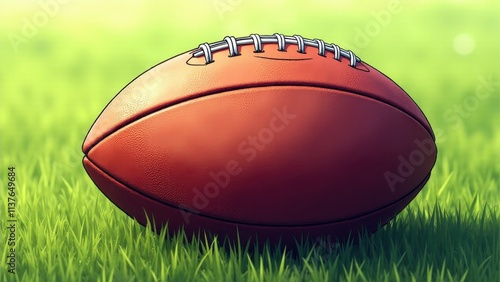 Realistic rugby ballon with stitched seams and markings, resting on vibrant, lifelike grass photo