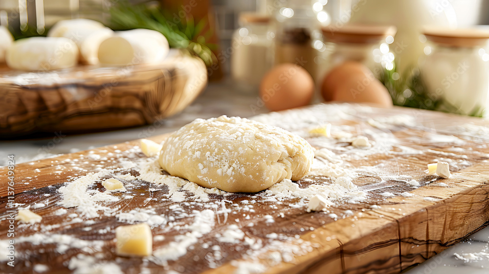 Fresh Dough Preparation on Rustic Wooden Surface in Kitchen Fresh Dough Preparation on Rustic Wooden Surface in Kitchen