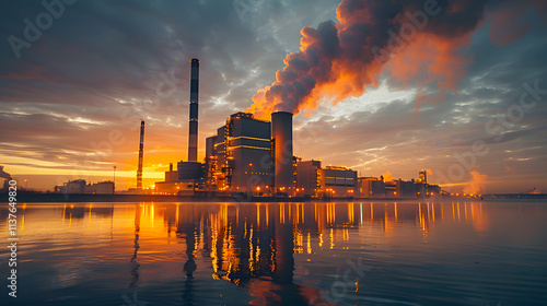 Majestic Industrial Power Plant at Sunset with Reflections on Water photo