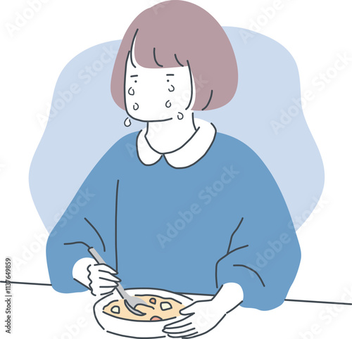 辛いことがあって食事中に泣き出す女性のイラスト素材