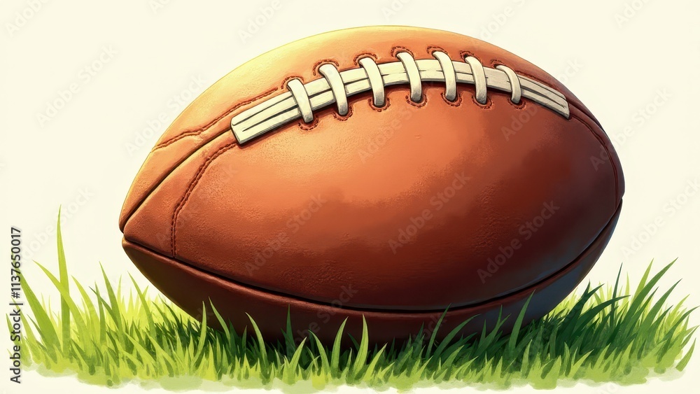 Obraz premium Rugby ballon with natural wear and visible stitching, placed on a lush grass field under soft light
