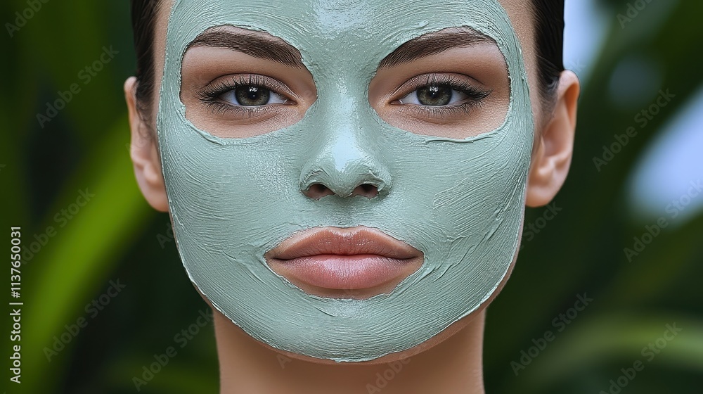 A woman with a green clay facial mask relaxes outdoors surrounded by lush foliage. She focuses on her skincare process, highlighting natural beauty and wellness A woman with a green clay facial mask relaxes outdoors surrounded by lush foliage. She focuses on her skincare process, highlighting natural beauty and wellness
