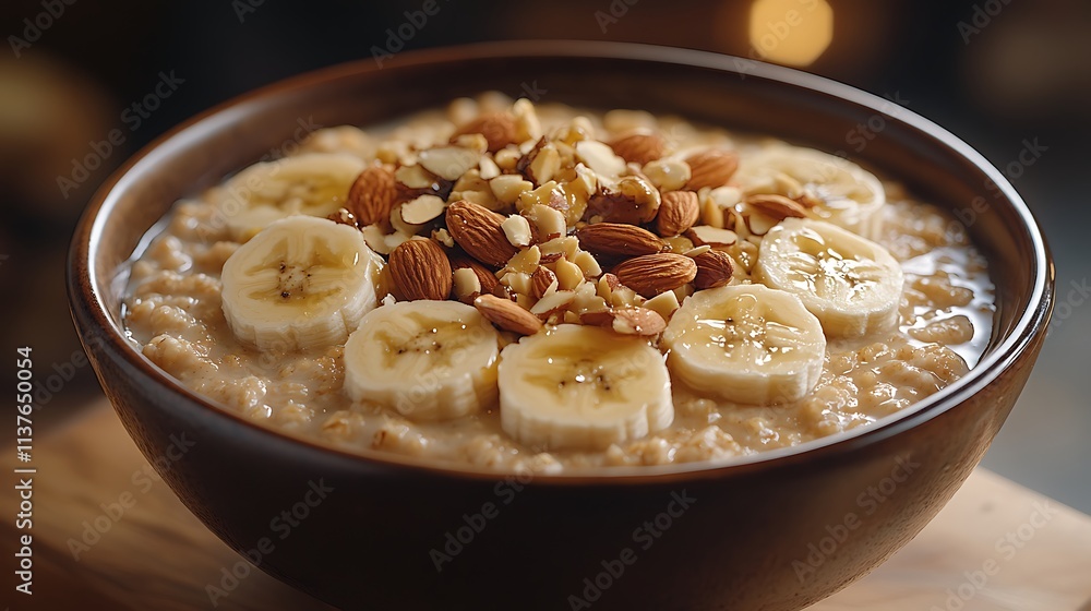 Oatmeal Bowl Topped With Bananas And Almonds Oatmeal Bowl Topped With Bananas And Almonds