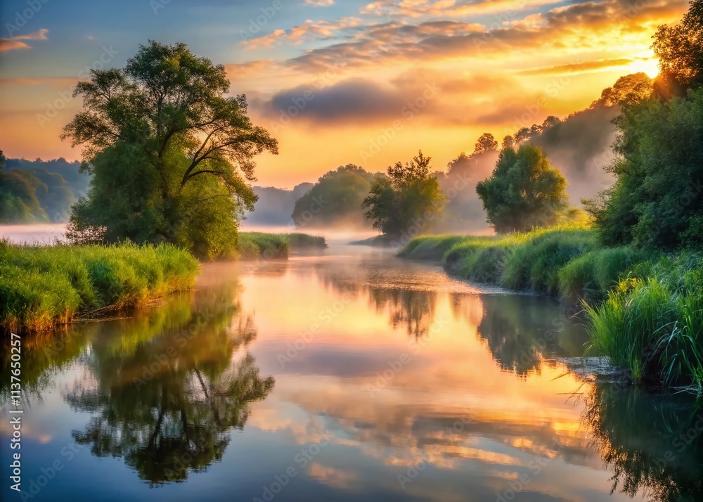 Serene Dawn Over a Tranquil River Landscape Embraced by Soft Mist and Gentle Light, Capturing the Essence of Nature's Peaceful Awakening at Daybreak Serene Dawn Over a Tranquil River Landscape Embraced by Soft Mist and Gentle Light, Capturing the Essence of Nature's Peaceful Awakening at Daybreak