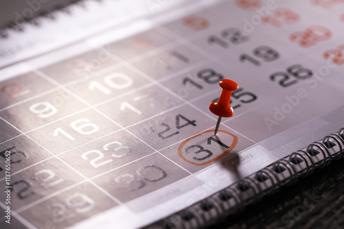 Close-Up of Red Push Pin on Calendar Marking Important Date - Timetable, Planning, Event Reminder photo