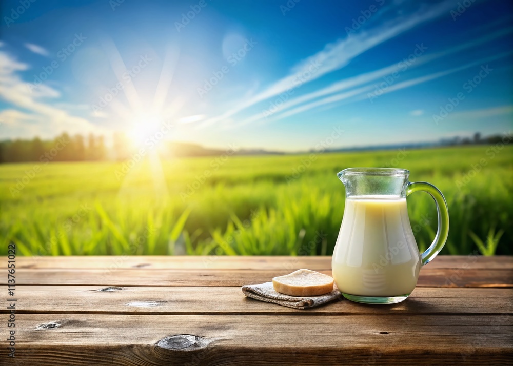 Serene Landscape with a Small Milk Pitcher on a Rustic Table Surrounded by Lush Green Fields and a Clear Blue Sky, Ideal for Nature and Still Life Photography