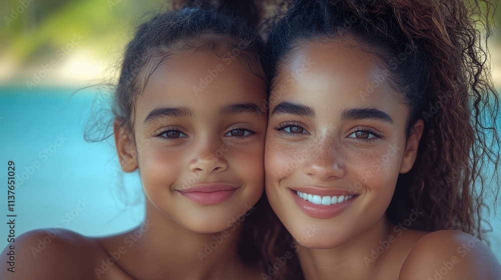 A mother and her daughter embrace each other with smiles at a beach location. The clear blue water reflects the sunny atmosphere, creating a warm and joyful moment A mother and her daughter embrace each other with smiles at a beach location. The clear blue water reflects the sunny atmosphere, creating a warm and joyful moment