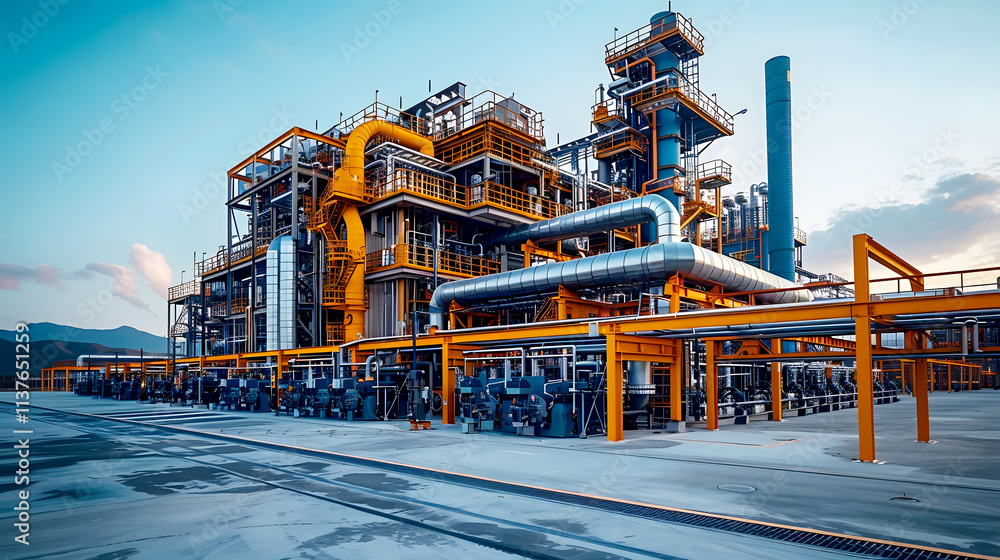 Fototapeta premium Industrial Complex with Pipes and Structures Against Blue Sky
