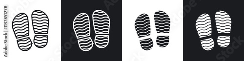 Shoe print icons collection in black filled and line style.