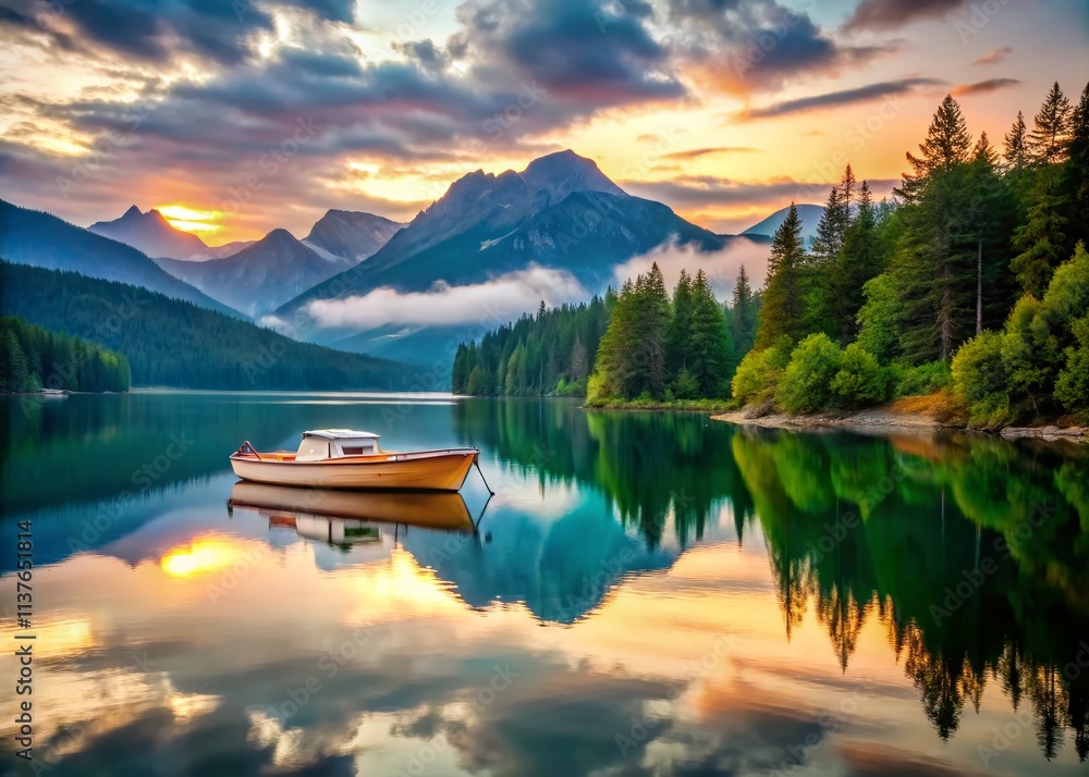 Serene Reflections: A Tranquil Boat Gliding Across a Calm Lake at Dusk Surrounded by Lush Greenery and Majestic Mountains in the Background, Capturing Nature's Beauty Serene Reflections: A Tranquil Boat Gliding Across a Calm Lake at Dusk Surrounded by Lush Greenery and Majestic Mountains in the Background, Capturing Nature's Beauty