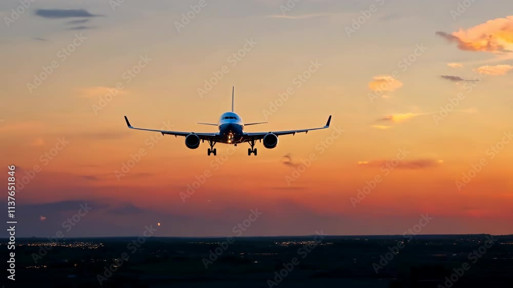 An airplane approaching for landing against a vibrant orange sunset sky, surrounded by flying birds. 4k Video footage An airplane approaching for landing against a vibrant orange sunset sky, surrounded by flying birds. 4k Video footage