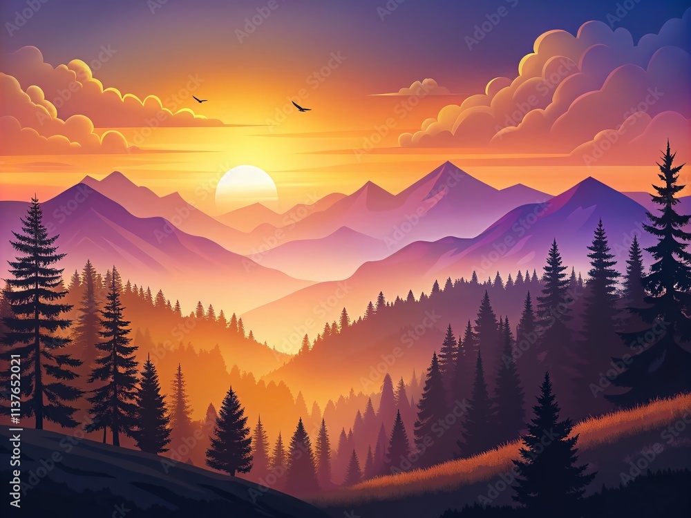 Serene Silhouette of Majestic Mountains and Lush Forests at Dusk with Gradients of Orange and Purple Sky, Ideal for Nature Lovers and Outdoor Enthusiasts Serene Silhouette of Majestic Mountains and Lush Forests at Dusk with Gradients of Orange and Purple Sky, Ideal for Nature Lovers and Outdoor Enthusiasts