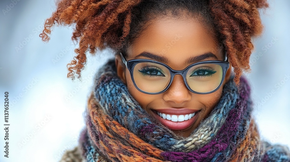 A young woman stands outdoors, smiling broadly. She has stylish glasses and is wrapped in a vibrant scarf, with a snowy background creating a cozy winter atmosphere A young woman stands outdoors, smiling broadly. She has stylish glasses and is wrapped in a vibrant scarf, with a snowy background creating a cozy winter atmosphere