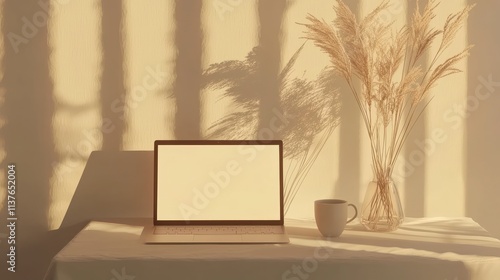 Modern minimalist setup with laptop mockup on white table, cup, dry grass vase, warm illumination, and space for web banners or presentations.