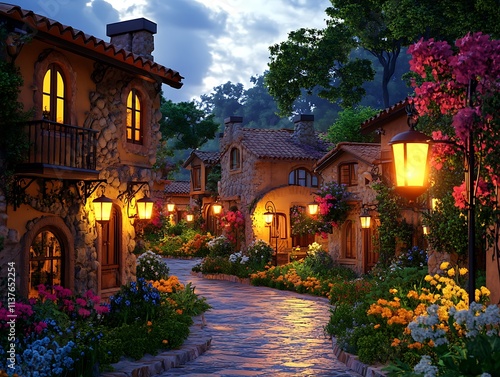 A traditional village scene at dusk with lantern-lit streets, warm-colored cottages, and lush flower gardens