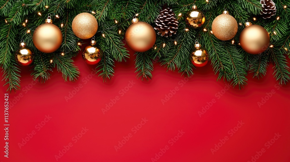 Fototapeta premium Festive Christmas Border with Gold Ornaments and Pine Branches on Red Background