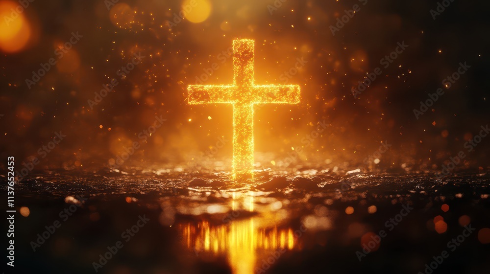 Christian Cross at Night with Magic Yellow Light Ray 