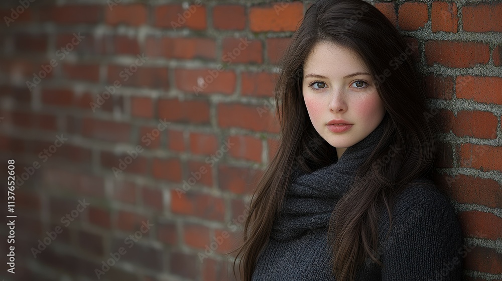 A young woman stands effortlessly against a rustic brick wall, dressed in a warm sweater. The soft lighting accentuates her natural beauty as she gazes at the camera with confidence A young woman stands effortlessly against a rustic brick wall, dressed in a warm sweater. The soft lighting accentuates her natural beauty as she gazes at the camera with confidence