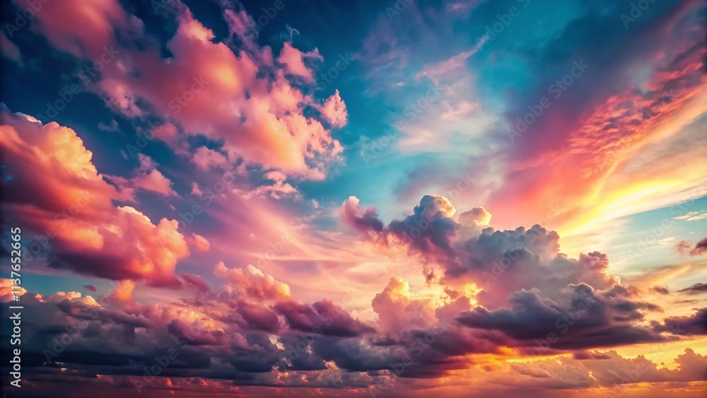 Serene Sunset Sky: Vibrant Pink & Blue Clouds, Tranquil Atmosphere, Vintage Photography Serene Sunset Sky: Vibrant Pink & Blue Clouds, Tranquil Atmosphere, Vintage Photography