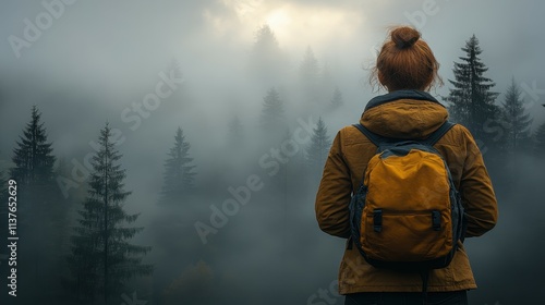 A woman with a backpack gazes into a foggy forest filled with tall evergreens. The mist surrounds her, creating a tranquil atmosphere during early morning light