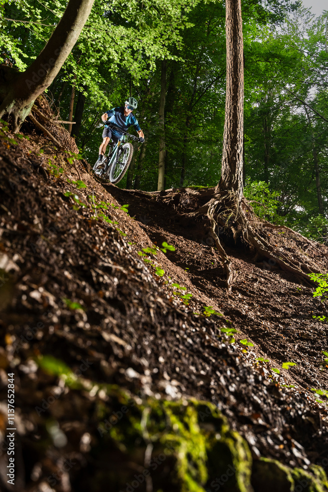 Athlete mountain biking in forest Athlete mountain biking in forest