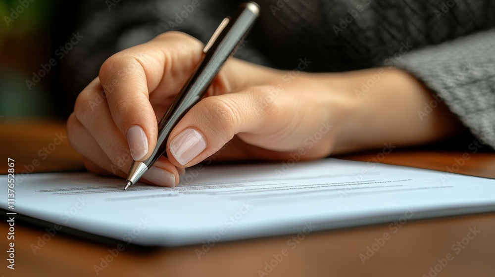 A hand with neatly manicured nails holds a pen while writing on a light blue sheet of paper. Soft natural light enhances the cozy atmosphere of the room A hand with neatly manicured nails holds a pen while writing on a light blue sheet of paper. Soft natural light enhances the cozy atmosphere of the room