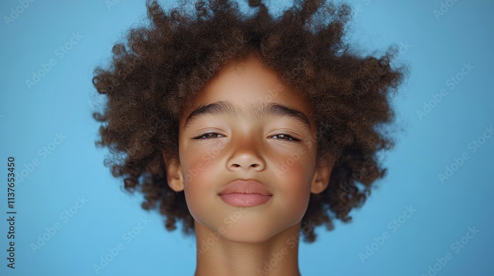 A young child stands with a serene expression, showcasing a full head of curly hair. The bright blue backdrop emphasizes their confident demeanor and unique features A young child stands with a serene expression, showcasing a full head of curly hair. The bright blue backdrop emphasizes their confident demeanor and unique features