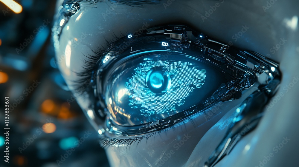 Close-up of a Futuristic Robot's Eye with Glowing Digital Display Close-up of a Futuristic Robot's Eye with Glowing Digital Display