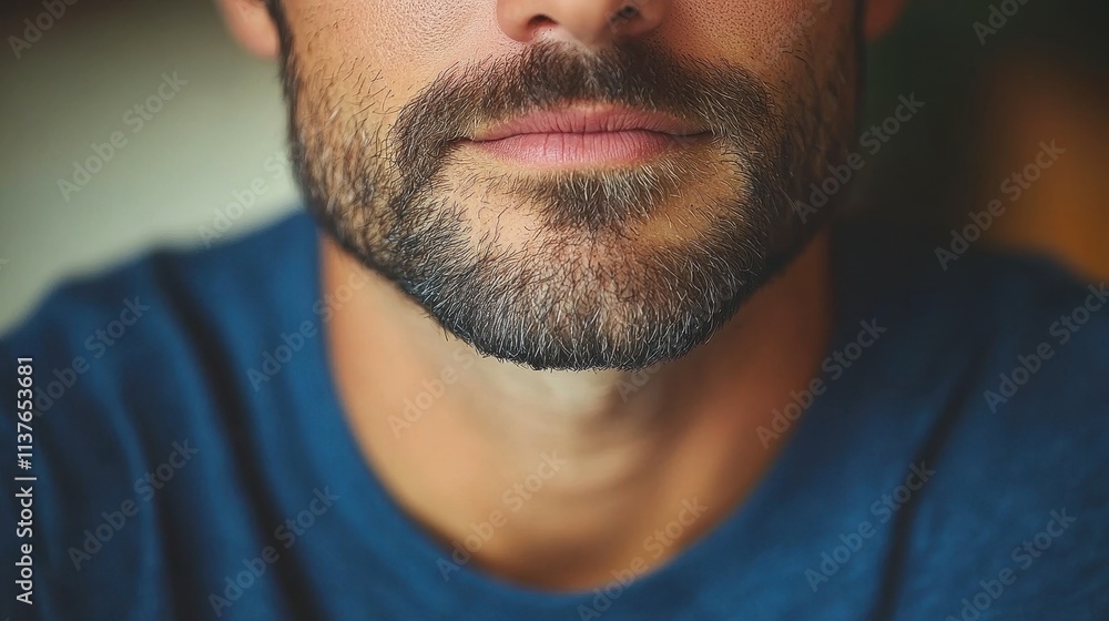 Obraz premium A man with a well-groomed beard and a relaxed expression sits indoors in a softly lit space. The cozy environment enhances the intimate atmosphere of the moment