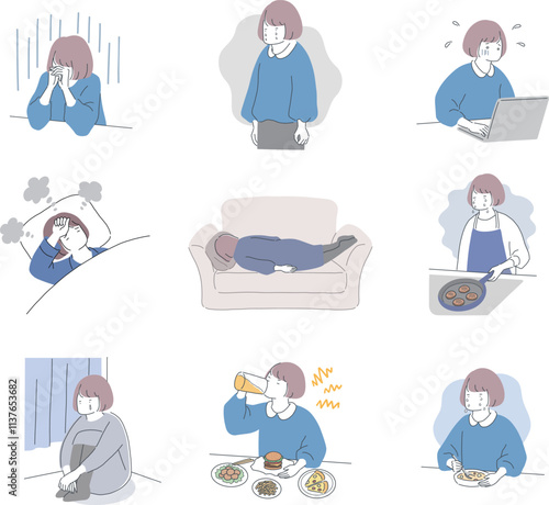 体調不良の女性のネガティブなイラストセット