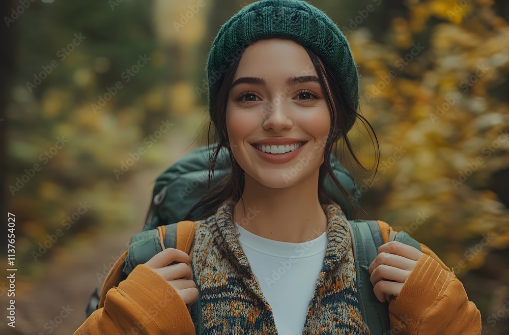 Happy Woman Hiking In Autumn Forest Happy Woman Hiking In Autumn Forest
