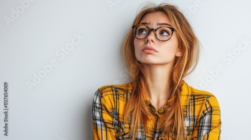 Thoughtful Young Woman with Glasses in a Plaid Shirt Against a Neutral Background