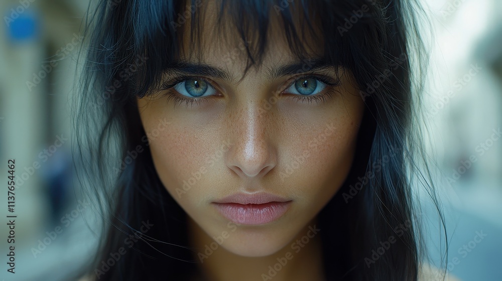 A young woman with striking blue eyes stares directly at the camera, her long dark hair framing her face, set against a blurred city background in bright daylight A young woman with striking blue eyes stares directly at the camera, her long dark hair framing her face, set against a blurred city background in bright daylight
