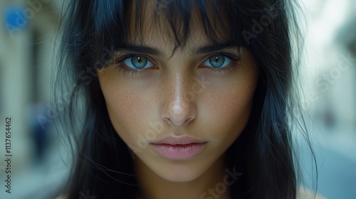 A young woman with striking blue eyes stares directly at the camera, her long dark hair framing her face, set against a blurred city background in bright daylight