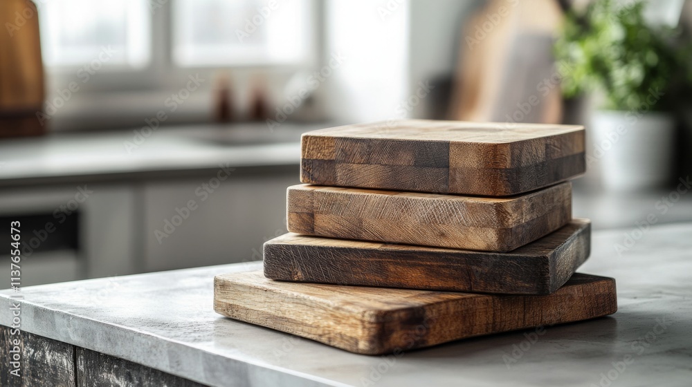 A stack of rustic wooden cutting boards on a modern kitchen countertop. Natural textures enhance the cooking space ambiance. Ideal for culinary enthusiasts. Generative AI A stack of rustic wooden cutting boards on a modern kitchen countertop. Natural textures enhance the cooking space ambiance. Ideal for culinary enthusiasts. Generative AI