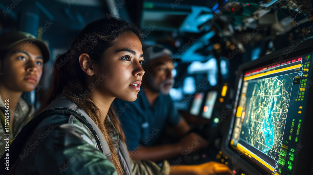 Young female operator analyzes data during a military briefing at night on a naval vessel Young female operator analyzes data during a military briefing at night on a naval vessel
