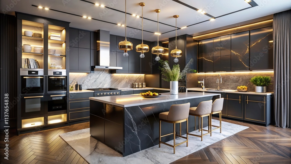 Fototapeta premium Long Exposure of a Modern Black Kitchen Featuring a White Marble Island with Elegant Gold Accents, Showcasing a Sleek and Stylish Culinary Space in a Contemporary Home Setting
